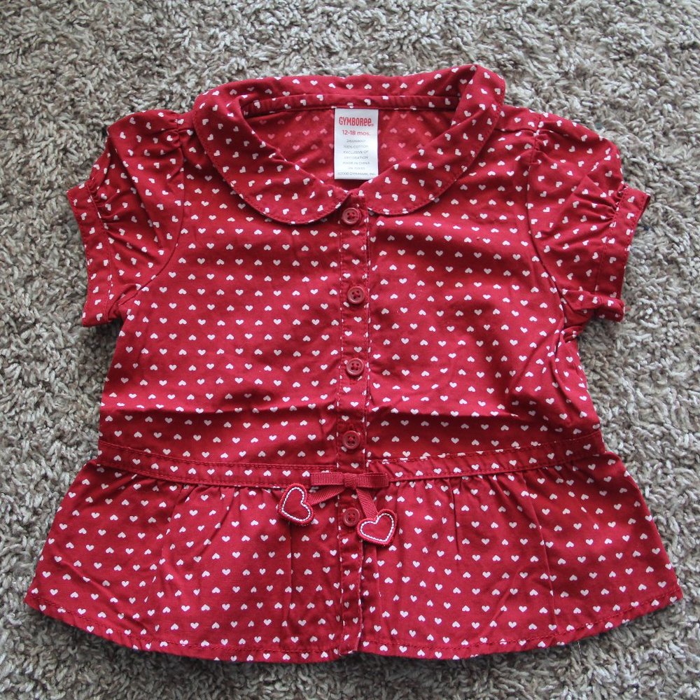 Gymboree Girls 12-18 Month Red & White Capped Sleeve Button Heart Shirt - Used
